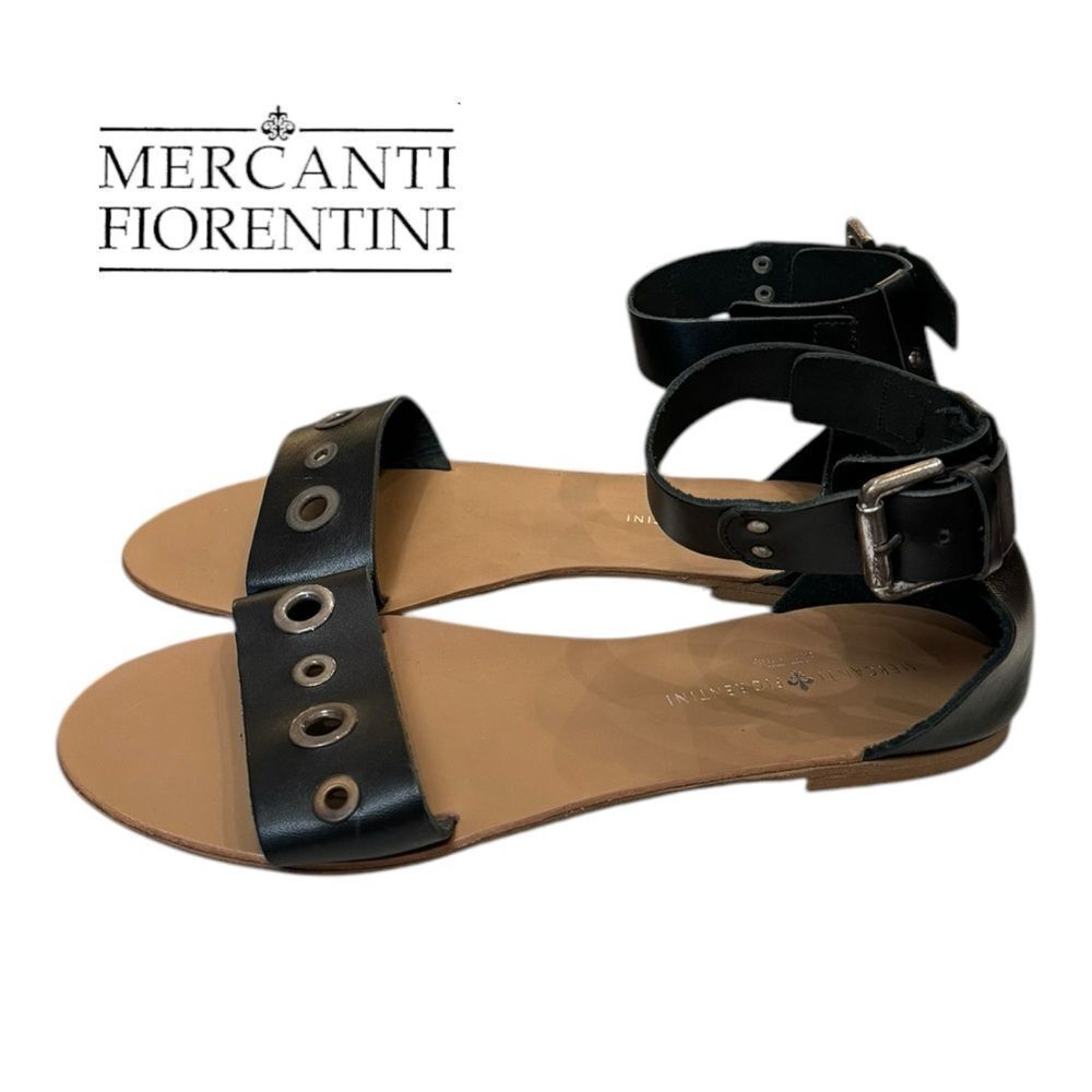 Mercanti Fiorentini Italian Black Leather Ankle Strap Cutout Sandals 9